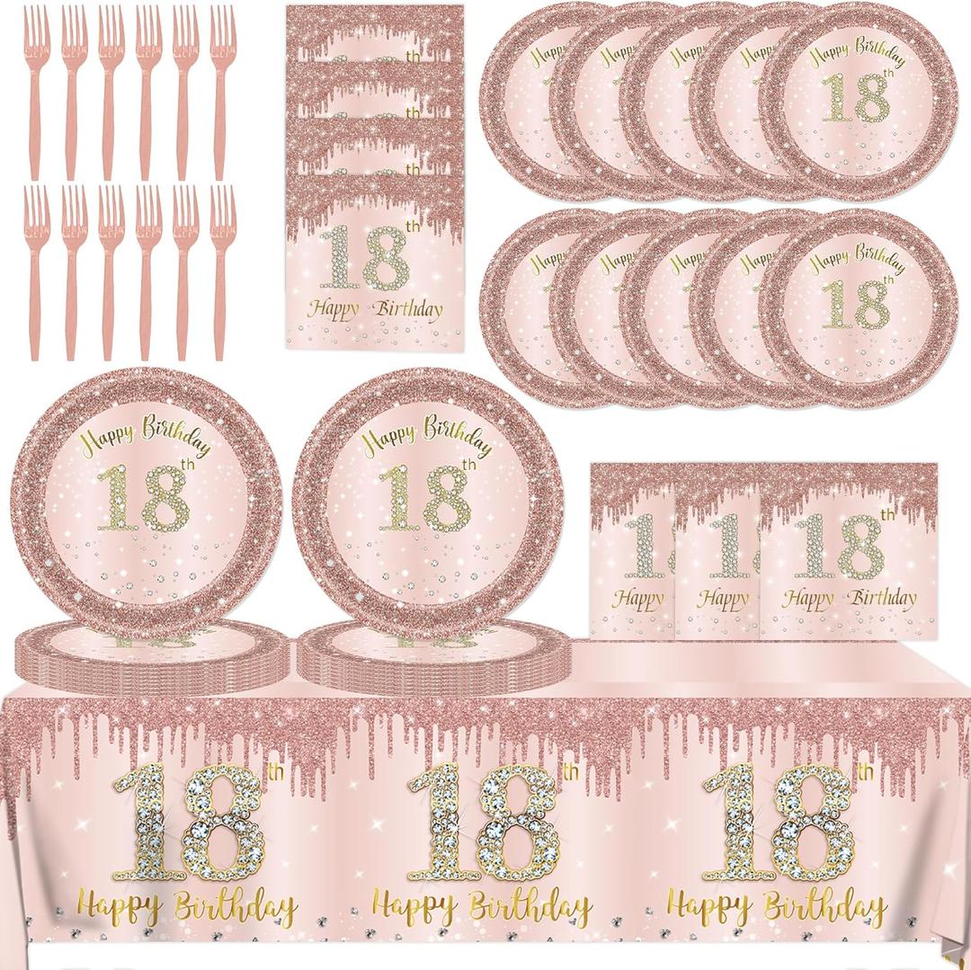 18th Birthday Decorations for Girls,61Pcs Rose Gold 18th Birthday Decorations Tableware Include 18th Birthday Plates and Napkins,Tablecloth,Forks,Serve 20