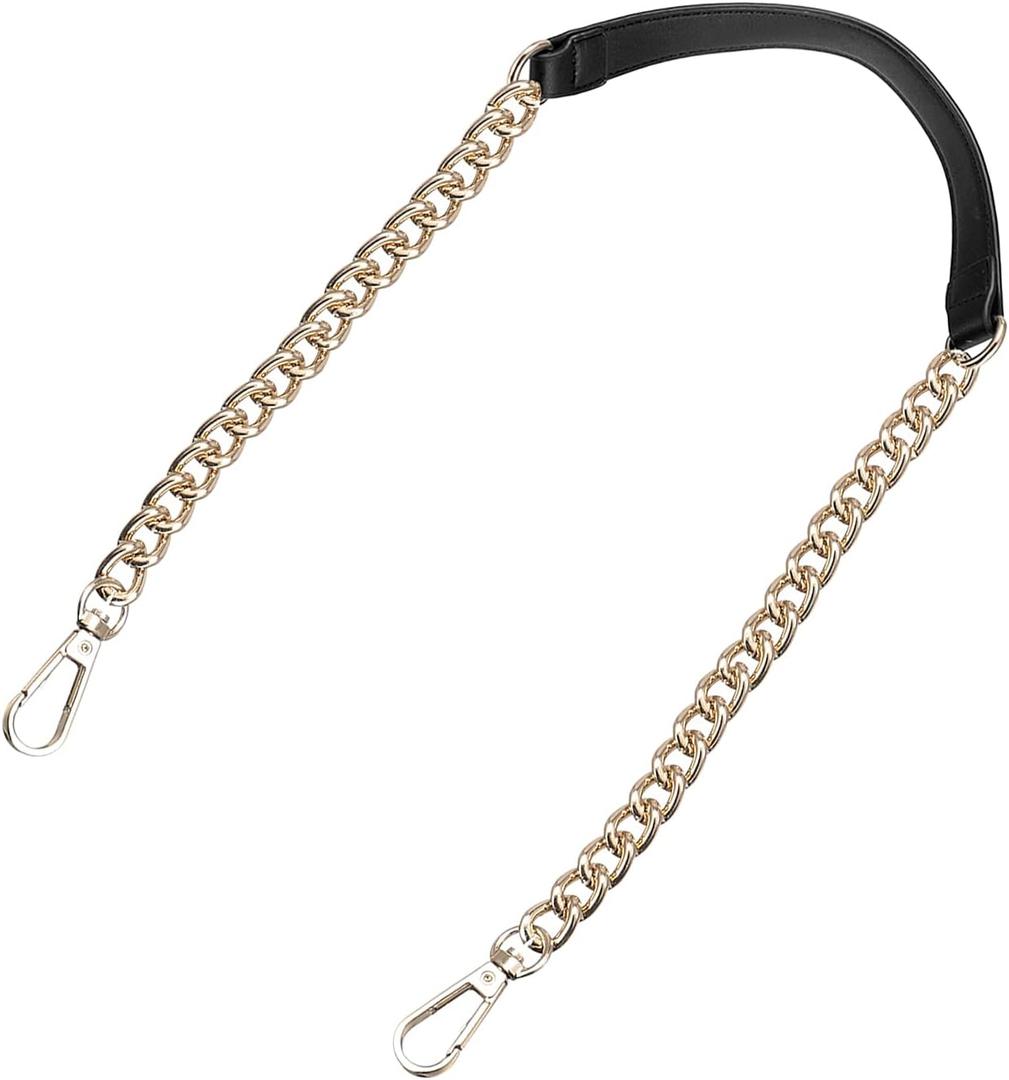 Uxcell Purse Chain Strap, 39" Leather Iron Flat Chain Strap Handbag Chains Purse Handles Shoulder Replacement Strap (Black Strap Gold Chain)