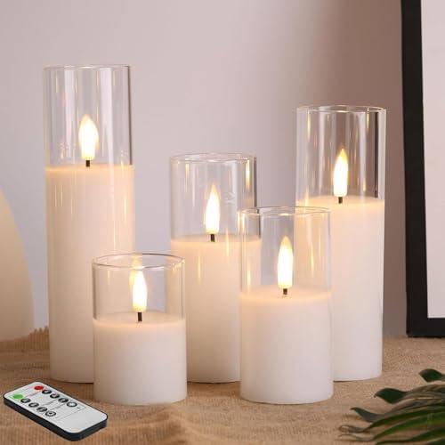 Eywamage 5 Pack Clear Glass Flameless Candles with Remote, Flickering Slim Tall LED Pillar Votive Candles Battery Included