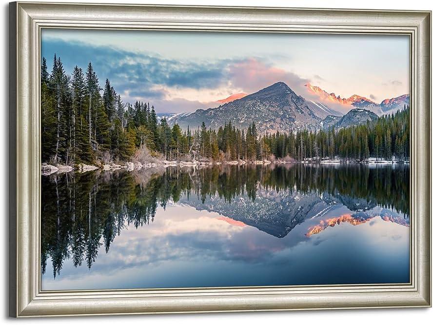 Framed Lake Canvas Wall Art: Mountain Range Skyline Scenery Painting Nature Landscape Artwork for Living Room, 36"L x 24"W