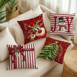 Christmas Decorative Throw Pillow Covers, 18x18 inch, Set of 4, Red Holiday Design with Reindeer and Snowman, 100% Polyester, Christmas Pillow Covers