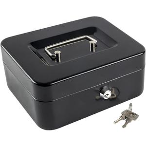 Kyodoled Medium Cash Box with Money Tray, Small Safe Lock Box with Key, Cash Drawer,7.87"x 6.30"x 3.54" Black Medium