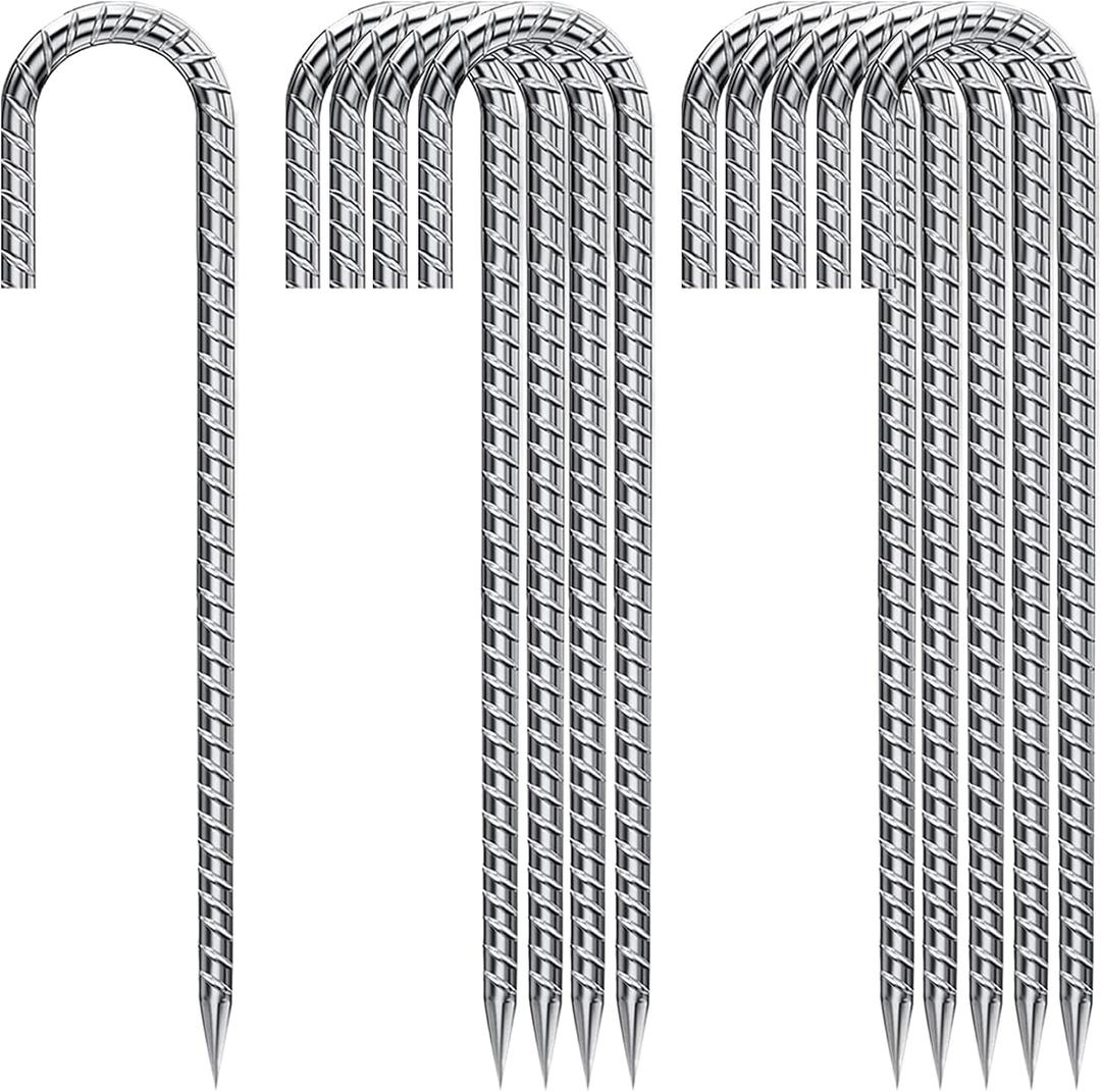 J Hook Rebar Stakes 12 Inch, Ground Stakes for Camping Tent Heavy Duty 10 Pack Rust Proof Coated Metal for Flower Gardens Landscape Fabric Pins Dog Fence (Silver-8mm)