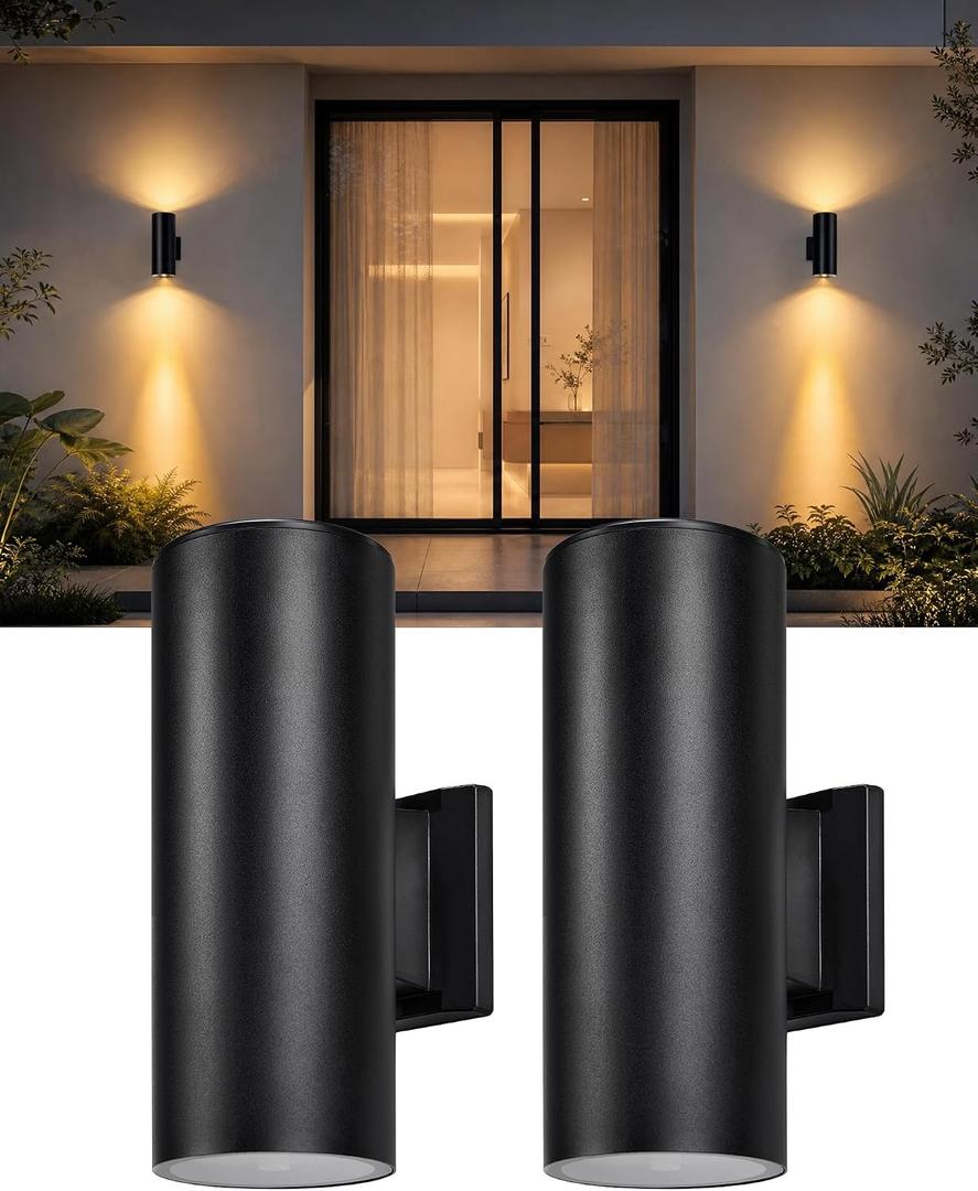 pearlstar 2 Pack Solar Wall Lights Outdoor Dusk to Dawn Solar Sconces Lights, Up & Down Warm White Glow IP65 Waterproof Wall Mount Lamp for Outside Garage Fence Patio Porch Yard, 10.6"