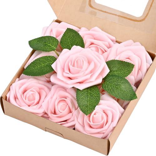 Siyaluens 9 Pcs Artificial Flowers Fake Rose with Stems - Pink Real Touch Foam Roses for DIY Wedding Bouquet Bridal Shower Cake Toppers Centerpiece Table Valentines Day Supplies Decorations