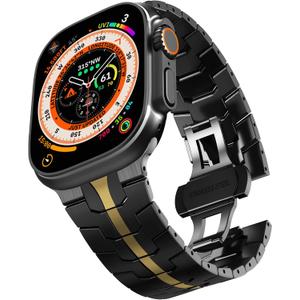 CHANCHY Stainless Steel Band for Apple Watch Band Apple Watch Ultra 3/2/1 Band 49mm, Series 11/10 46mm, 9/8/7 45mm, SE3/SE2/SE 6/5/4 44mm, 3/2/1 42mm, Metal Strap with Folding Clasp for Men, Titanium (Black/Gold)