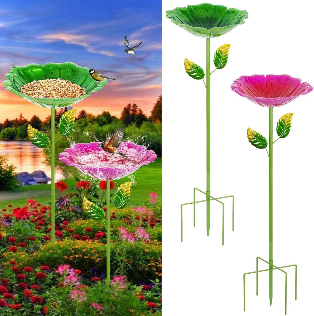 2 Pack Bird Baths for Outdoors, Colorful Metal Bird Bath for Outside, Hummingbird Bath with Five Stakes, Garden Flower Small Birdbath for Garden Decor, 31.3" H x 10.63" Dia (Red,Green)
