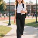 Girls Dress Pants Wide Leg Uniform Pants for Girls Preppy Clothes Size 7-14 Years (Black, M)
