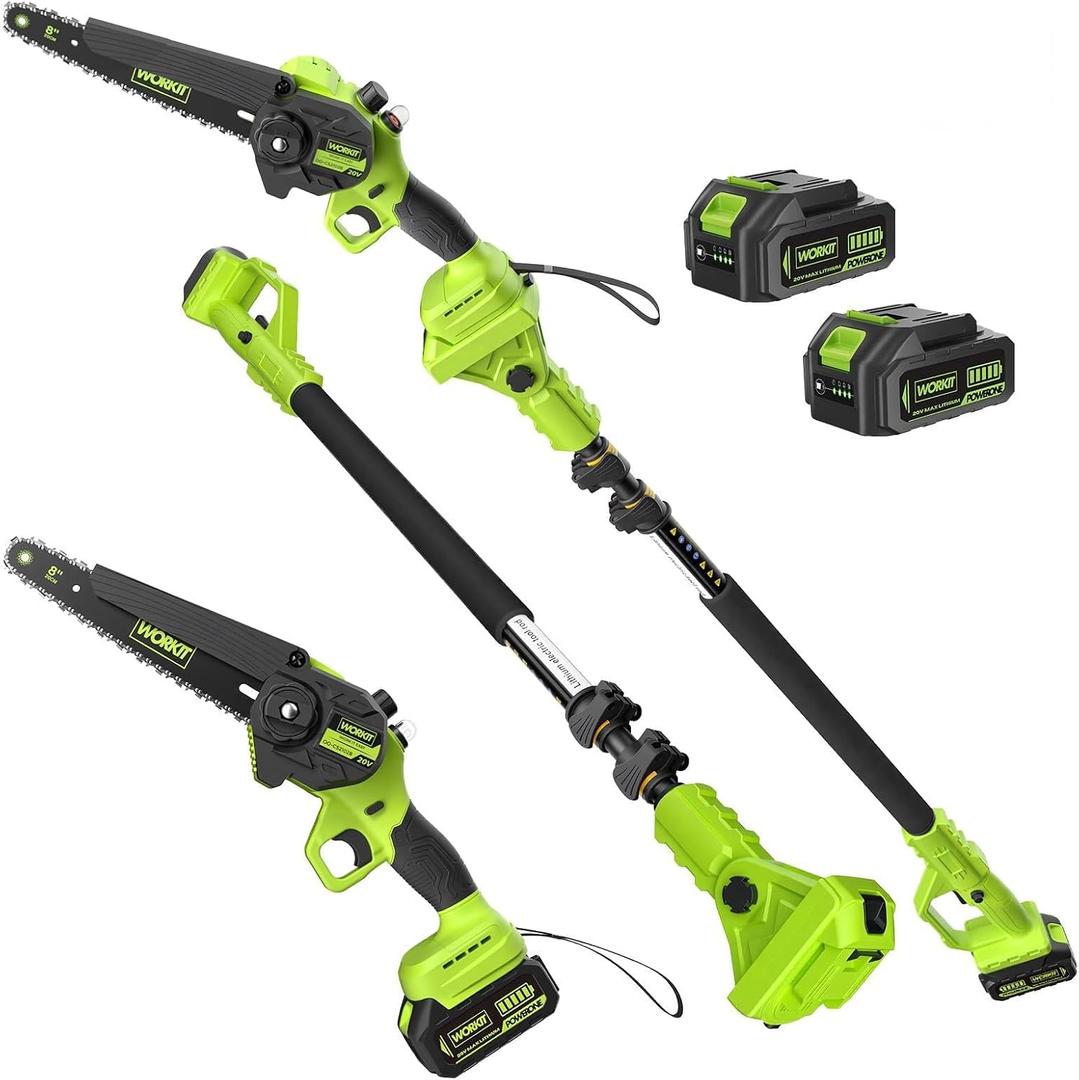 WORKIT 2-In-1 Electric Pole Saws for Tree Trimming, 8 Inch Mini Chainsaw Cordless with 2×4.0Ah Batteries, 14Ft Tree Trimmer Pole Saw, Electric Chainsaw with Auto Oiler, Tool-Free Tension