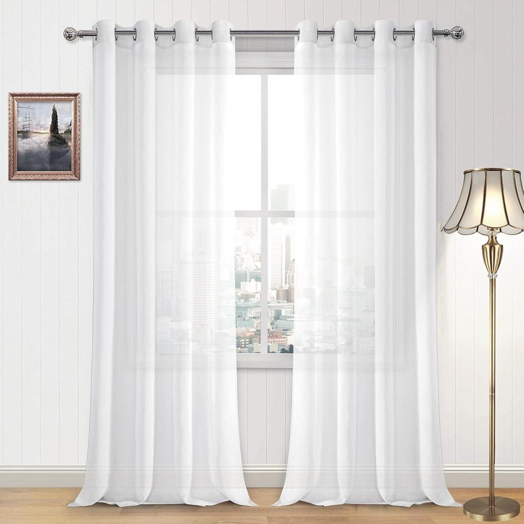 DWCN White Sheer Curtains, Faux Linen Look Grommet Window Semi Sheer Curtains Drapes for Bedroom Living Room Set of 2 Panels, 52 x 90 Inch Long