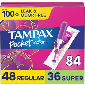 Tampax Compact Radiant Tampons for Women Multipack, with LeakGuard Braid & Extendable Applicator, Regular/Super Absorbency, Unscented, 84 Count (3 Packs of 28)