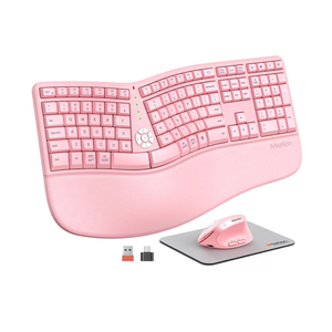 MEETION Ergonomic Keyboard and Mouse, 2.4G USB Wireless Split Keyboard with Soft Palm Rest, 4 DPI Adjustable Vertical Mouse, Full Size Rechargeable Windows/Mac/Computer/Laptop, Pink