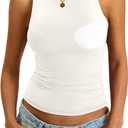 Womens Padded Tank Tops Built in Bra Double Lined High Neck Shirts Basic Slim Fitted Summer Going Out Top (Large, Cream White)