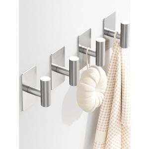GWAAZXGZ Towel Hooks for Bathrooms  4 Pack, Brushed Silver Finish, T-Shaped Stainless Steel Adhesive Wall Hooks for Robes & Towels in Kitchen, Shower, or Closet