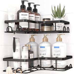 Sakugi Corner Shower Caddy - 2 Pack, Adhesive Shower Organizers, Rustproof Stainless Steel Shower Shelves with 8 Hooks, No Drilling Bathroom Organizers and Storage Racks, Space-Saving, Black, Medium