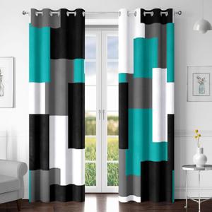 Teal/Turquoise 100% Blackout Curtains for Bedroom 108 inch Extra Long 2 Panels Set Black Grey Modern Abstract Geometric Black Out Curtains Room Darkening Window Drapes for Living Room, 52Wx108L
