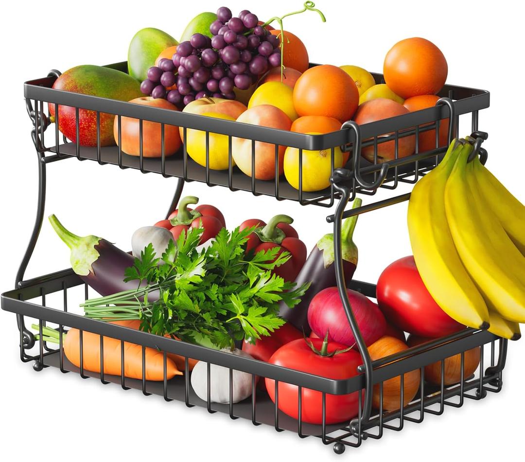 2 Tier Fruit Basket with 4 Banana Hangers, Improved Fruit Bowl for Kitchen Counter, Detachable Large Capacity Countertop Organizer Fruit Holder Stand for Vegetable Bread Snack Produce Storage