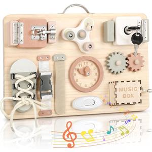 Joyreal Montessori Busy Board for Toddlers - Wooden Sensory Board Activity Board for Fine Motor Skills, Travel Baby Busy Board Sensory Toys for Kids (Neutral)