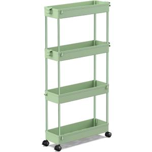 SPACEKEEPER Slim Rolling Storage Cart 4 Tier Bathroom Organizer Utility Cart Mobile Shelving Unit Tower Rack for Kitchen, Laundry Room, Bathroom, Narrow Places, Green, 4.9 inches x 15.3 inches x 38.7 inches