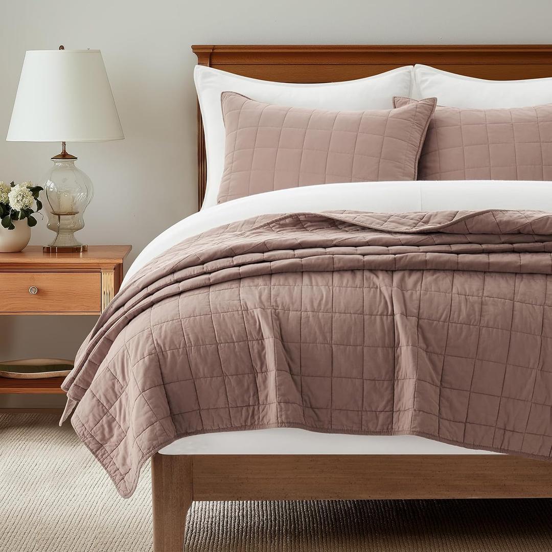 EVERGRACEHOME 100% Cotton Box Stitch Quilt Bedding Set Queen Size 3 Pieces, Garment-Washed Lightweight Soft Cozy Coverlet, Quilted Bedspread Sets with 2 Shams for All Season, Clay | Box Stitch Design, 100% Cotton, Soft, Oversized, Pre Washed, Oeko-Tex Certified