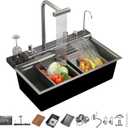 Smart Kitchen Sink 304 Stainless Steel Honeycomb Single Bowl Kitchen SinksDigital Display Double Waterfall SinkWith Pull-out Swivel FaucetWith Pressurized Cup Washer (31.5 x 18.1 inch)