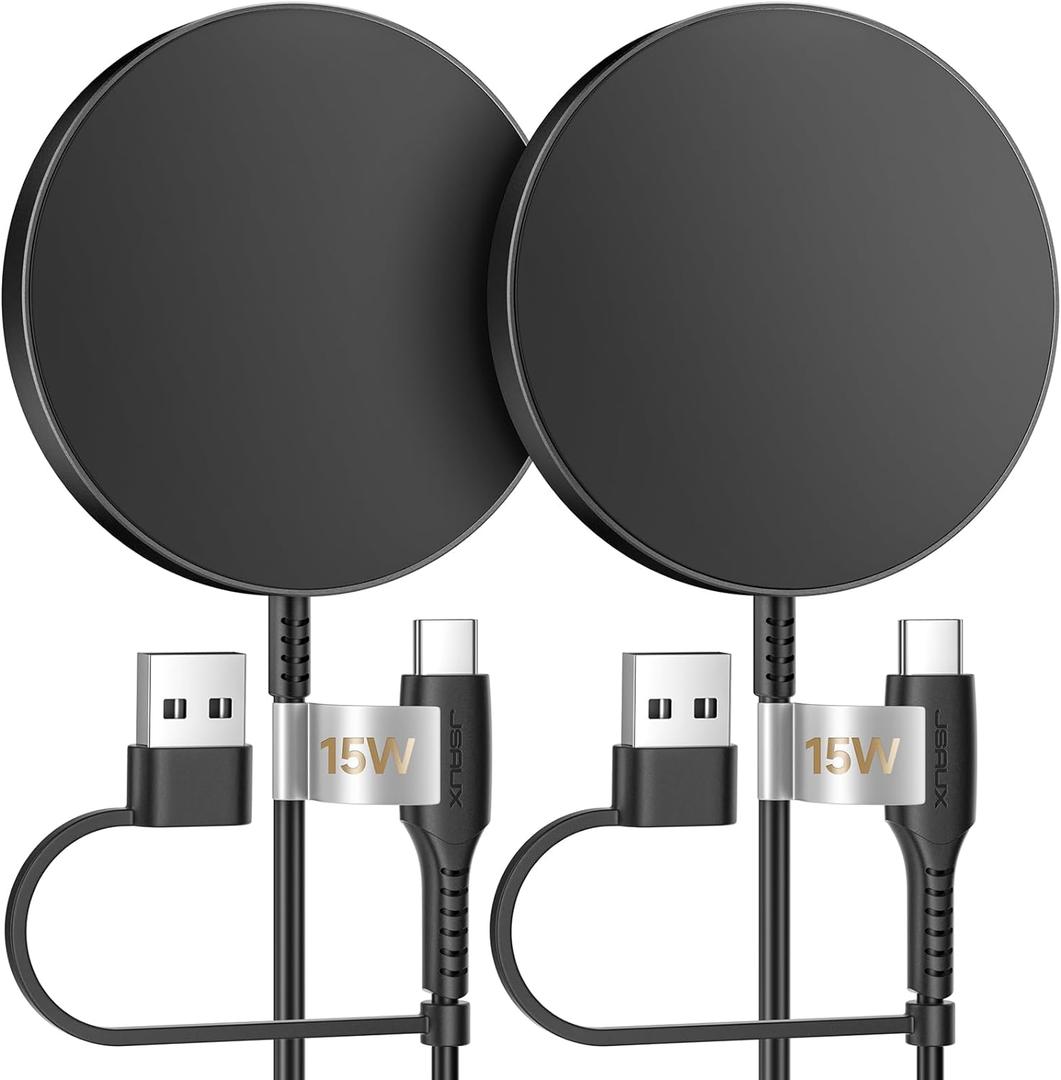 JSAUX 15W Magnetic Wireless Charger 2-Pack Fast Charging Compatible with MagSafe Charger iPhone 17 Air Pro Max/16/15/14/13/12 Series/Airpods Black