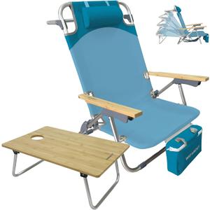 Folding Backpack Beach Chair for Adults & Teens Aluminum 5-Position Lay Flat Lounge Chair with Camping Bamboo Table 200LBS Beach Reclining Chair Outdoor with Cooler Bag Cyan