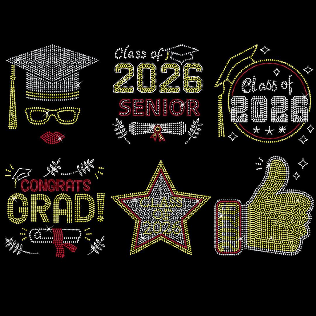 Glenmal 6 Pack Graduation Rhinestone Iron on Patches Class of 2026 Crystal Bling Patches Heat Transfer Applique Graduation Decorative Designs for DIY T Shirts Clothing, 6 Designs