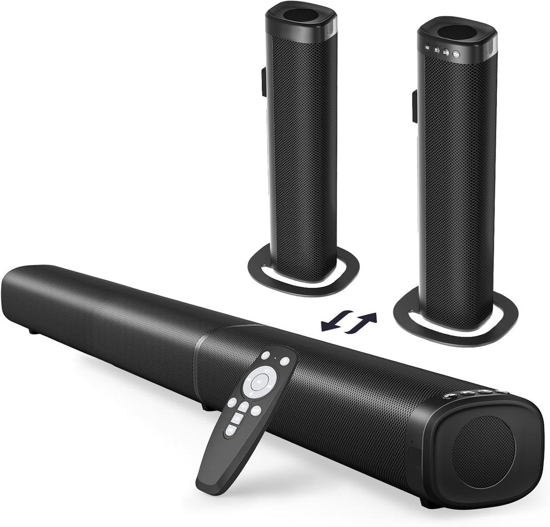 Puriom Sound Bar for Smart TV, 100W Sound Bar with Bluetooth 5.3/ARC/Opt/AUX Connect, 2-in-1 Detachable Home Soundbar, Home Theater Speaker & Bass Effect, for TV/PC/Projectors (Black)