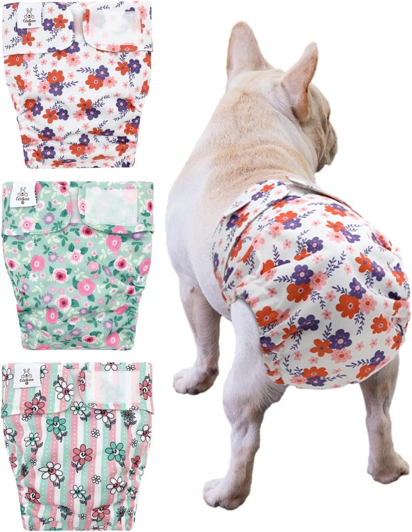 CuteBone Washable Dog Diapers Female No Tail Hole 3 Pack Reusable Doggie Period Training Pants for Docked-Tail Frenchie French Bulldog Boston Terrier Without Tail WWD35M