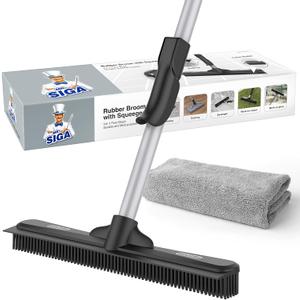 MR.SIGA Pet Hair Removal Rubber Broom with Built in Squeegee, 3 in 1 Floor Brush for Carpet, 61 inch Adjustable Handle, Includes 1 Microfiber Cloth for Floor Dusting