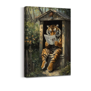 Animal Bathroom Wall Art Tiger Reading Newspaper Poster Outhouse Toilet Painting Forest Wildlife Canvas Prints Rustic Cabin Picture Restroom Decor Frame (16"x 24")