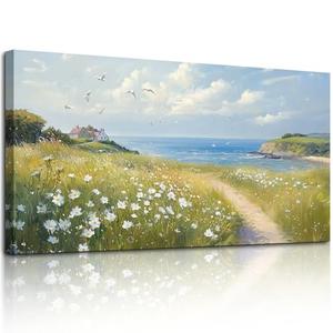 SERIMINO Coastal Landscape Large Wall Art, Country Scenic Canvas Art Wall Decor, Meadow Wildflowers Nature Art Prints, Rustic House Decorations Living Room Bedroom Above Bed Wall Pictures 20"X40"