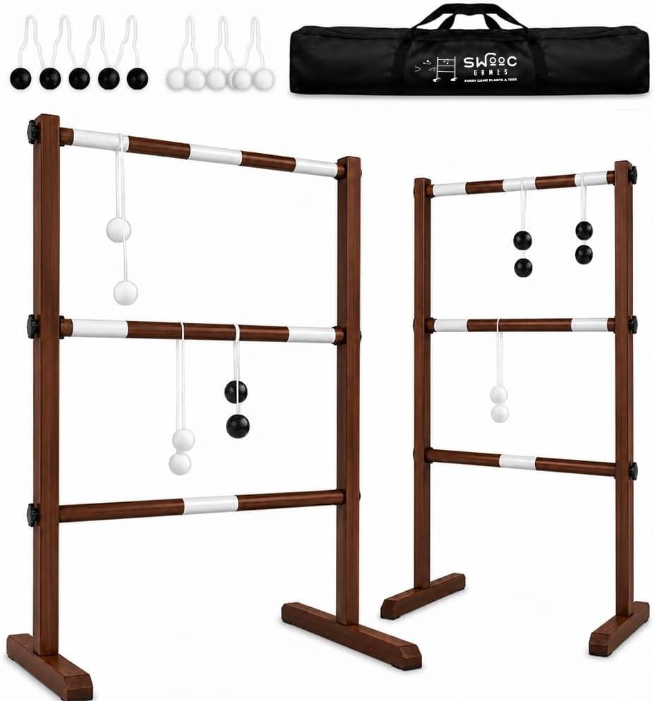 Swooc Games® - Premium Wooden Ladder Ball Game Set (Weather Resistant) - with 10+ Games & Carrying Case - Easy, No Tool Set Up - Premium Ladder Toss Outdoor Game - Backyard Ball Toss Games, Medium