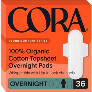 Cora 100% Organic Cotton Topsheet Pads (36 Overnight Pads) | Heavy Absorbency Period Pads with Wings, Made Without Harsh Chemicals, 100% Organic Cotton Topsheet Feminine Care