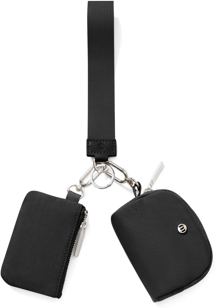 Keychain Wallet Mini Zip Around Wristlet Wallets for Women Detachable Dual Pouch Wristlet Portable Coin Purse Small Wallets (Black+Black)