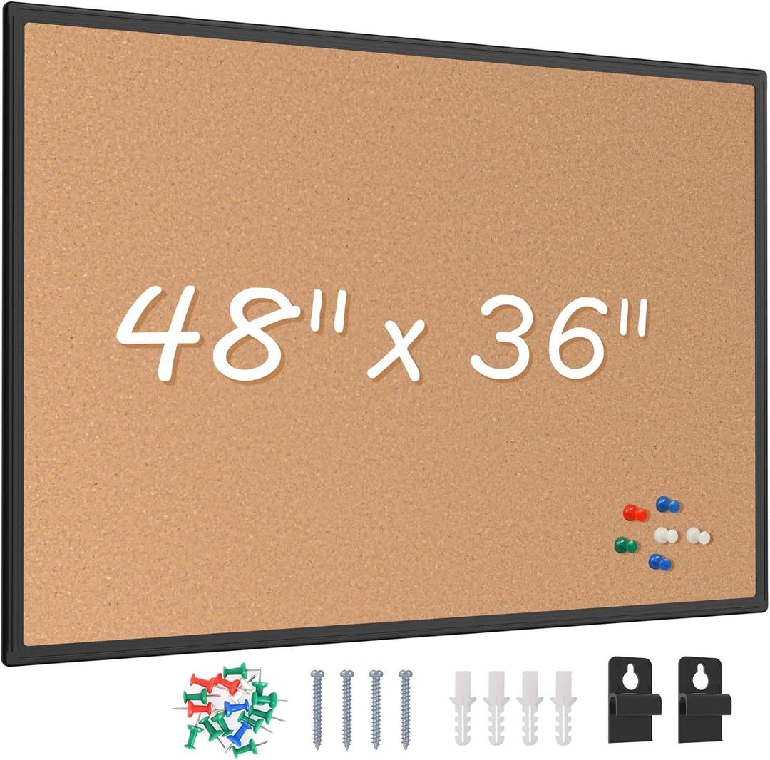 Board2by Bulletin Board 48 x 36, Black Aluminum Framed 4x3 Corkboard , Large Wall Mounted Notice Board with 18 Push Pins for School, Home & Office