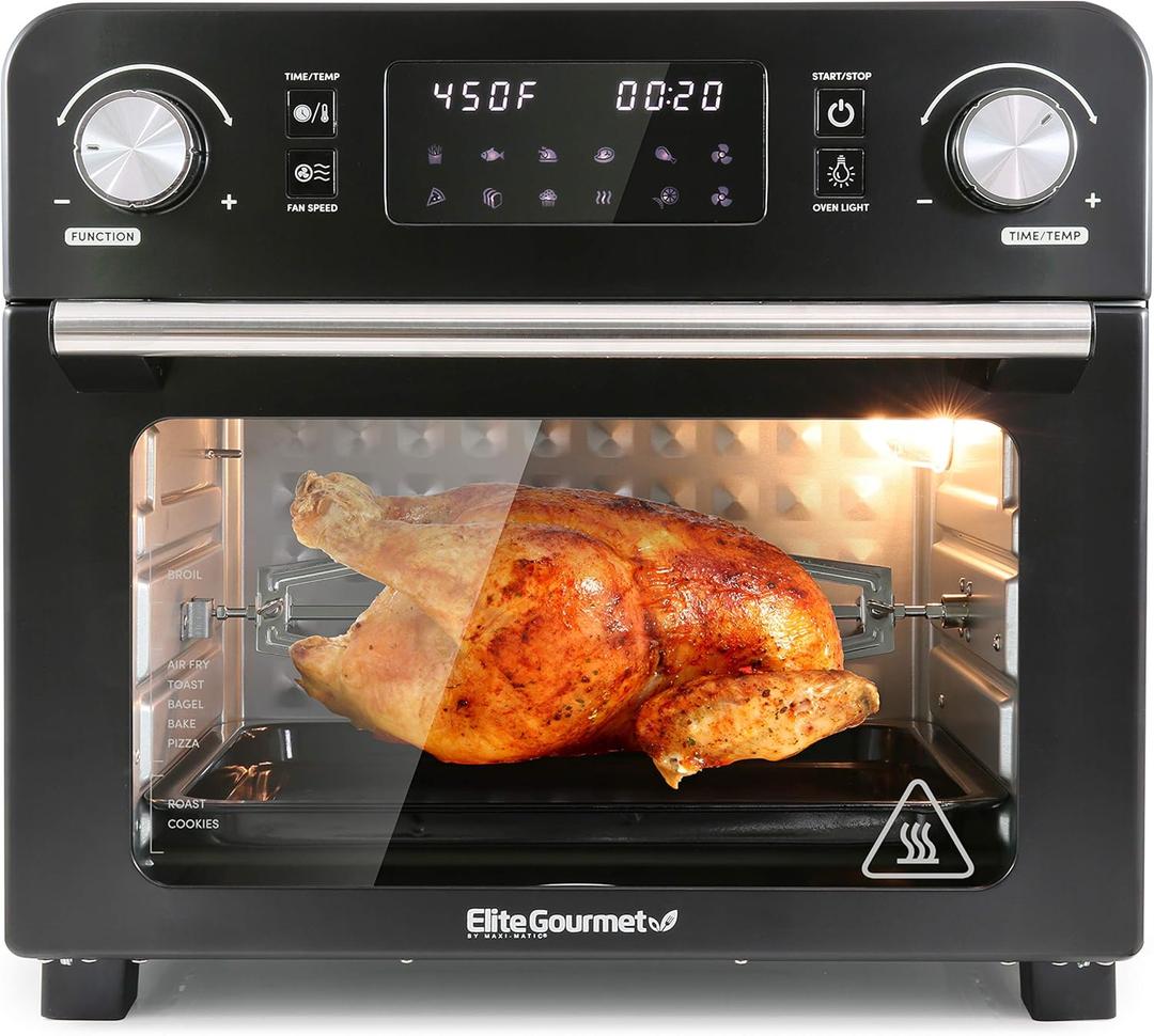 Elite Gourmet EAF9310 Digital Programmable Fryer Oven, Oil-Less Convection Oven Extra Large 24.5 Quart Capacity, fits 12" pizza, Grill, Bake, Roast, Air Fry, 1700-Watts, Black