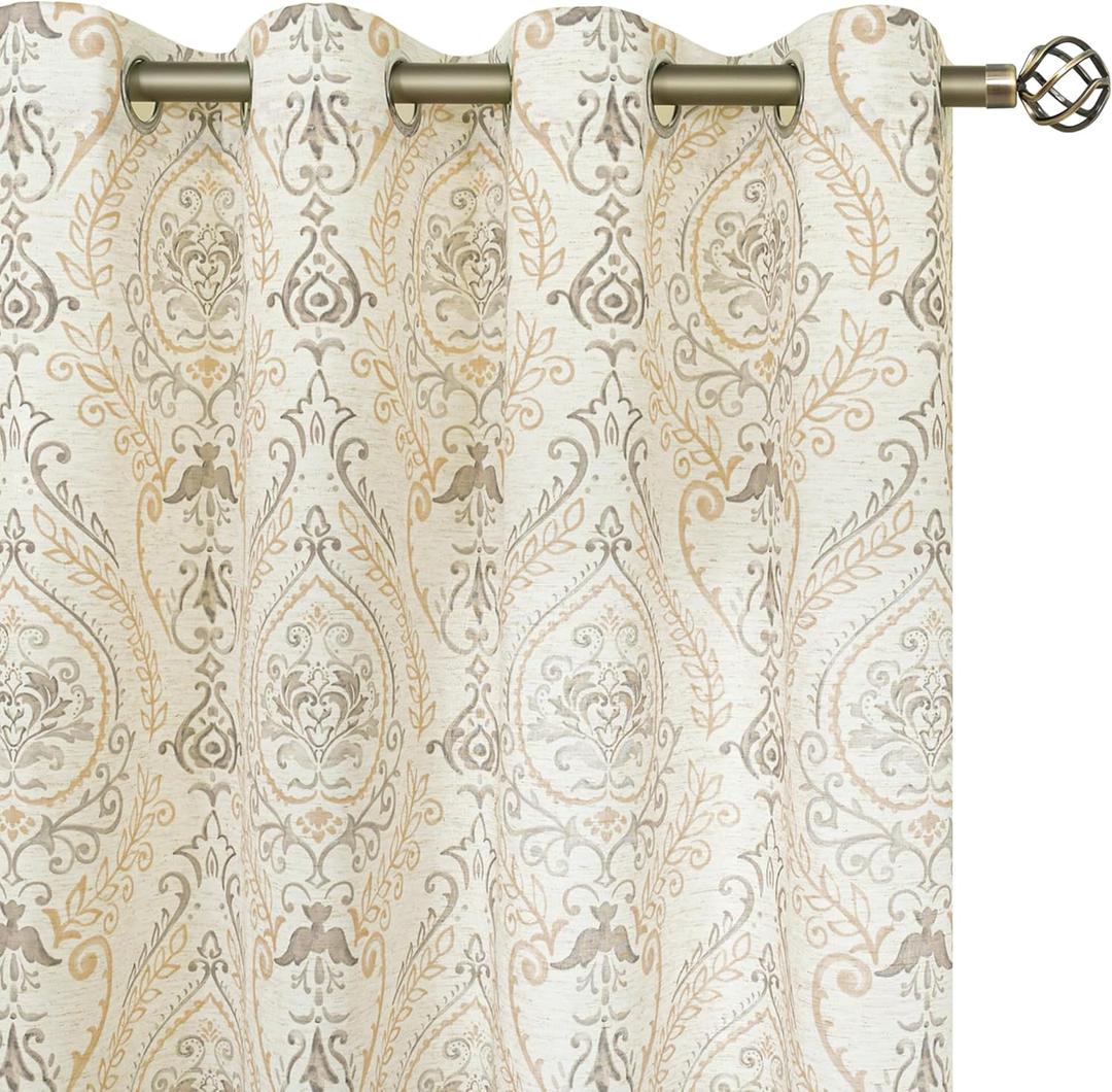 LAMIT French Country Yellow Linen Curtains for Living Room, 84 Inch Length Vintage Damask Floral Printed Curtains Grommet Light Filtering Rustic Cottage Drapes, 2 Panels, Each 52 x 84 Inch