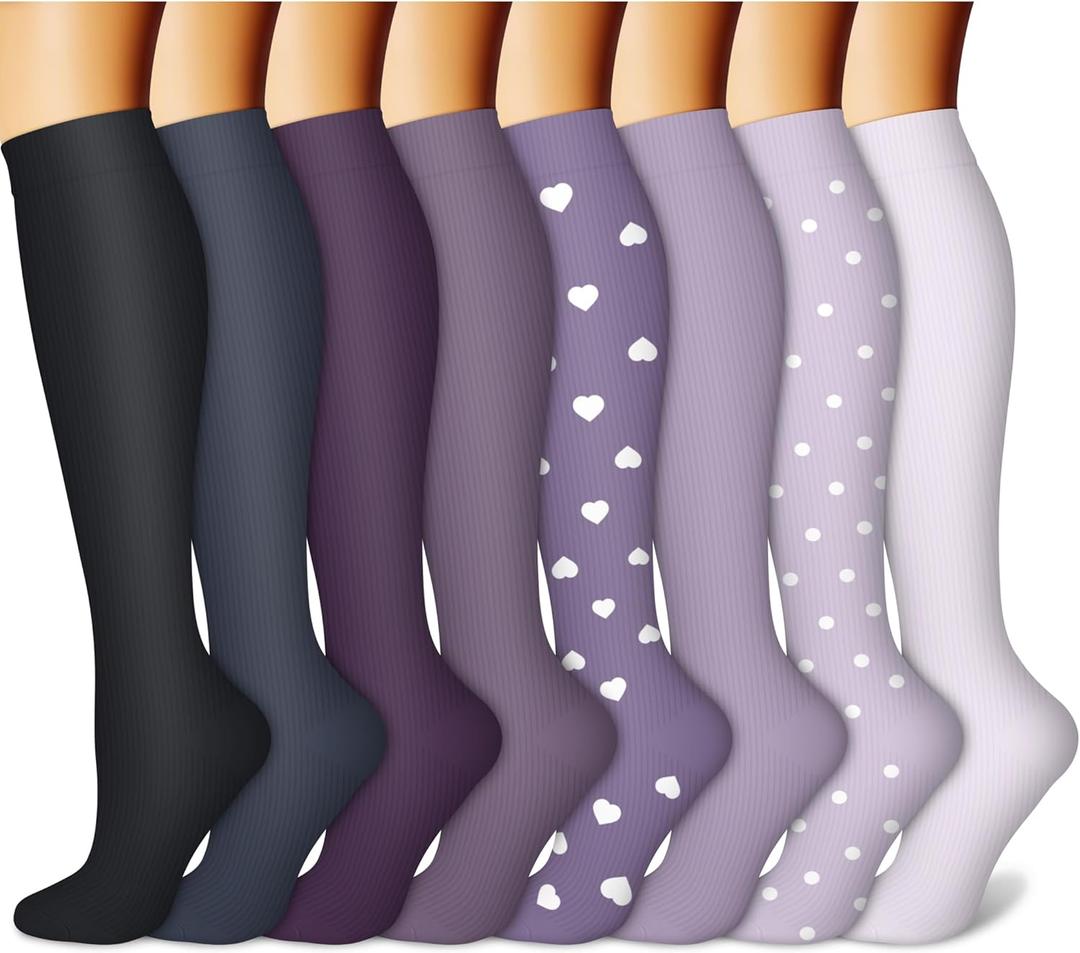 CHARMKING Compression Socks for Women & Men Circulation (8 Pairs) 15-20 mmHg is Best Support for Athletic Running, Cycling (Medium, 44 Black/Purple/Purple/Purple/Purple)