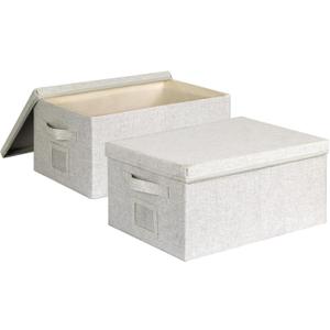 Large 17''x12'' Quart Collapsible Stackable Storage Bins with Lids, 2 Packs Off White Fabric Closet Boxes with Lids, Storage Cube Baskets Container Organizers for Bedroom Office(17''x12.2x''8'')