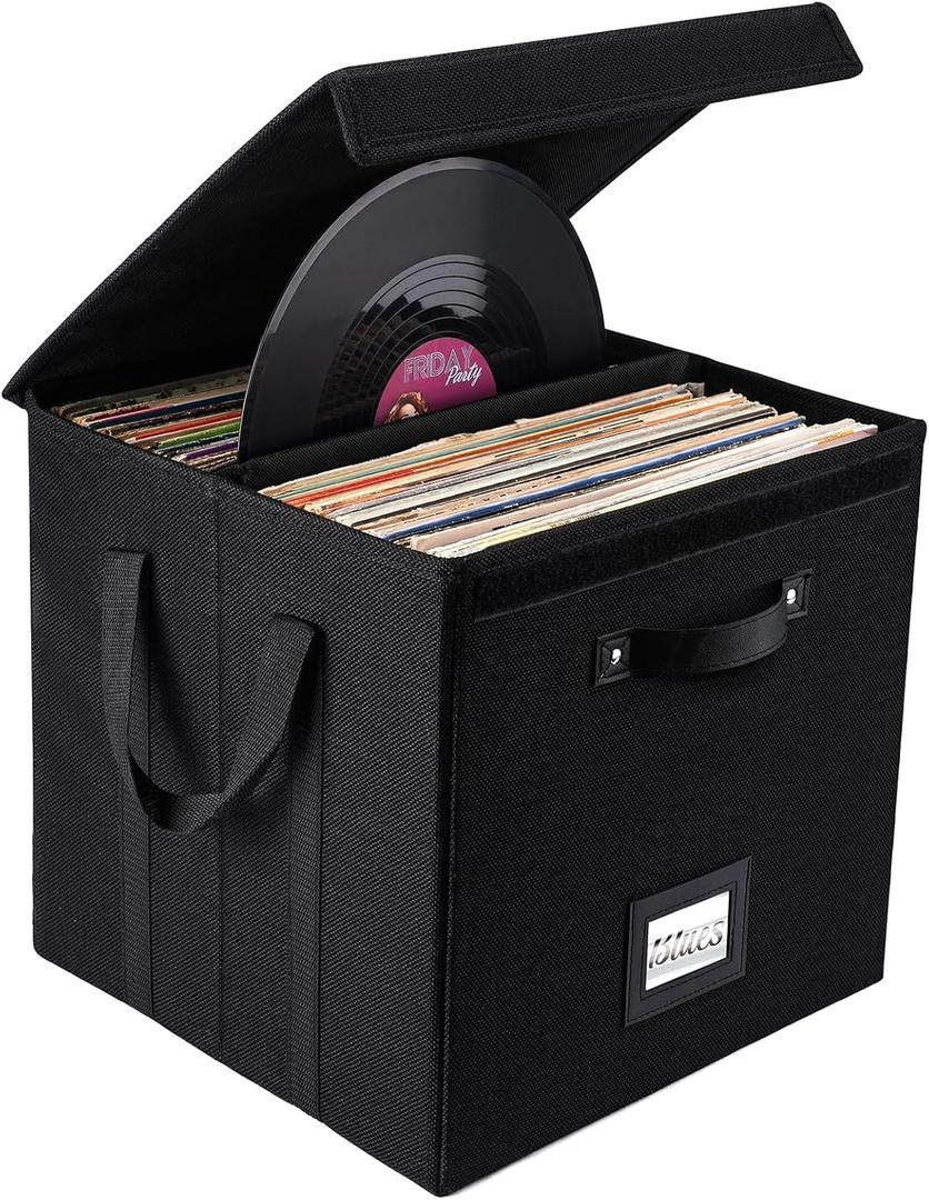 Vinyl Record Storage Box - 13 Inch Linen Fabric Case for LP Album Storage, Stackable & Collapsible Organizer Crate Cube Bins with Lid for 120+ Singles