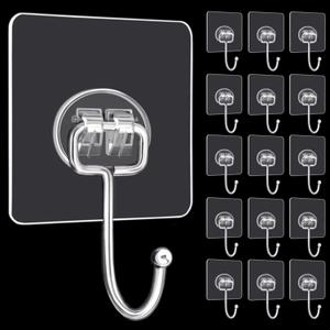 DKHDBD Large Adhesive Hooks, 16-Pack Hold 33lb(Max) Heavy Duty Sticky Hooks, Waterproof Transparent Hooks for Hanging, Self-Adhesive Traceless Clear Wall Hooks to Use for Keys Robe & Towel