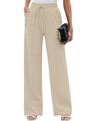 Heymoments Women Wide Leg Pants Light Khaki Large High Waist Loose Casual Pants Adjustable Tie Knot Belted Long Straight Trousers with Pockets Large