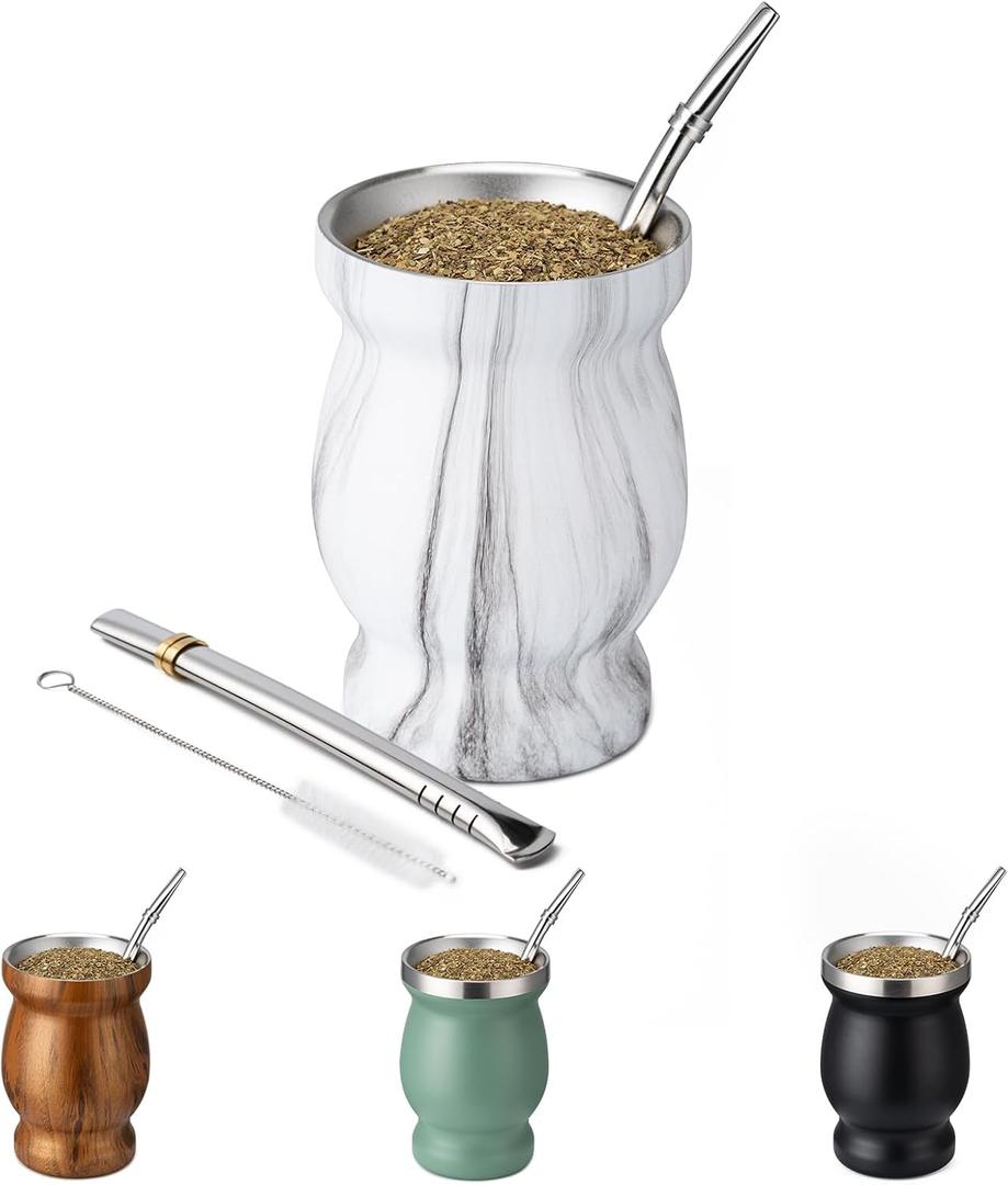 8oz Yerba Mate Cup, 304 Stainless Steel Double-Wall Mate Cup, Heat Insulation Yerba Mate Gourd, Tea Cup Set Includes Cleaning Brush & 2 Bombillas (Marble)