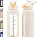 32 oz Glass Water Bolttles with Straw Large Motivational Water Bottle with Time Marker Sports Water Bottles with Silicone Sleeve and Handle Lid Water Jug for Gym Workout (White)