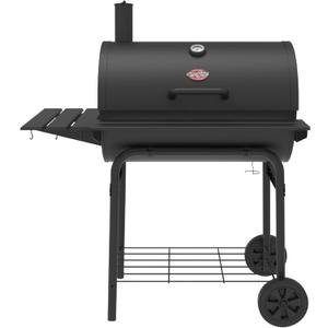 Char-Griller Pro Deluxe Charcoal Barrel Grill, EasyDump Ash Pan, Premium Front and Side Shelves with Utensil Hooks, 850 Square Inches of Cooking Space in Black, Model E2827