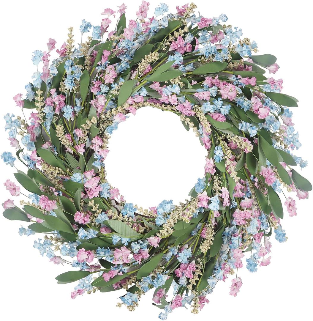 Lokeisna Spring Paper Wreath 24" Paper Wreath,Blue and Pink Spring Wreath with Paper and Fabric Flower,EVA Leaves,Flower Spike,All Seasons Wreath for Front Door,Living Room,Wedding (Blue)