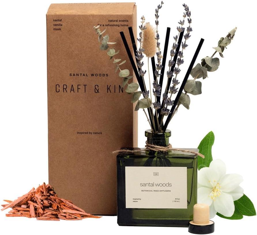 Craft & Kin Reed Diffuser with Dried Flowers | 5 oz Santal Woods Scented Reed Diffusers for Home, Bathroom | Scent Sticks | Elegant Fragrance Home Decor for Men & Women (Flower reed/5 oz)