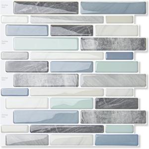 LONGKING Self-Adhesive Kitchen Backsplash, Marble Look Decorative Tiles (10 Tiles) (Blue)